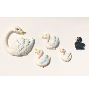 Vintage Mid Century Ceramic Wall Plaques with Swan Family